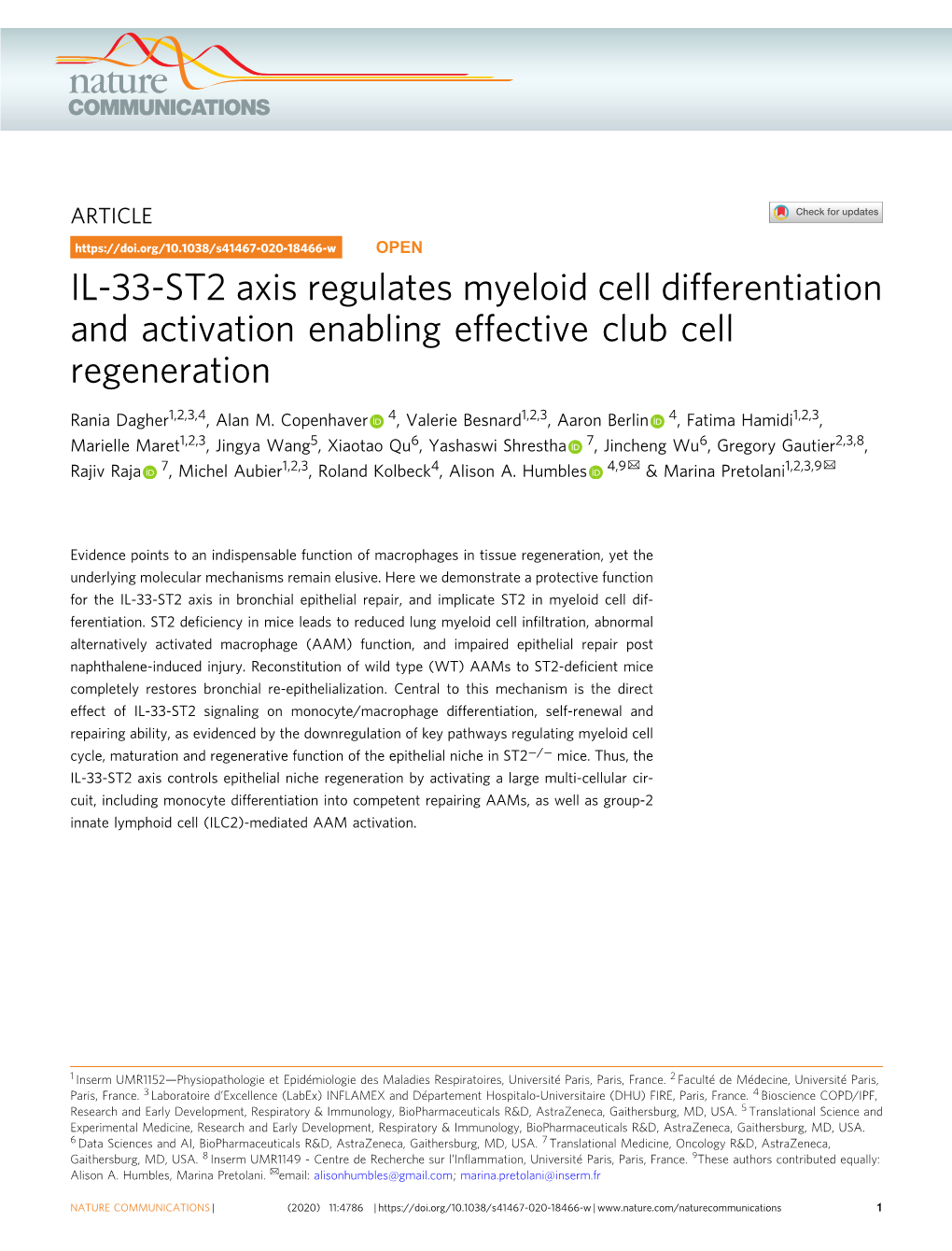 IL-33-ST2 Axis Regulates Myeloid Cell Differentiation and Activation Enabling Effective Club Cell Regeneration