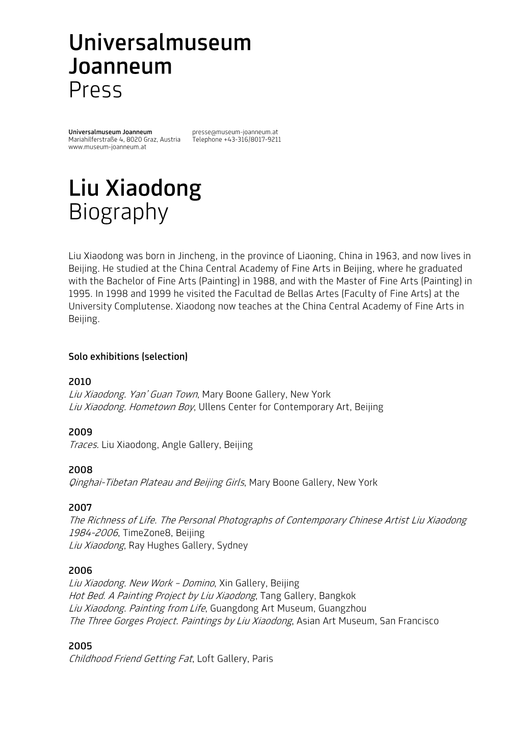 Universalmuseum Joanneum Press Liu Xiaodong Biography
