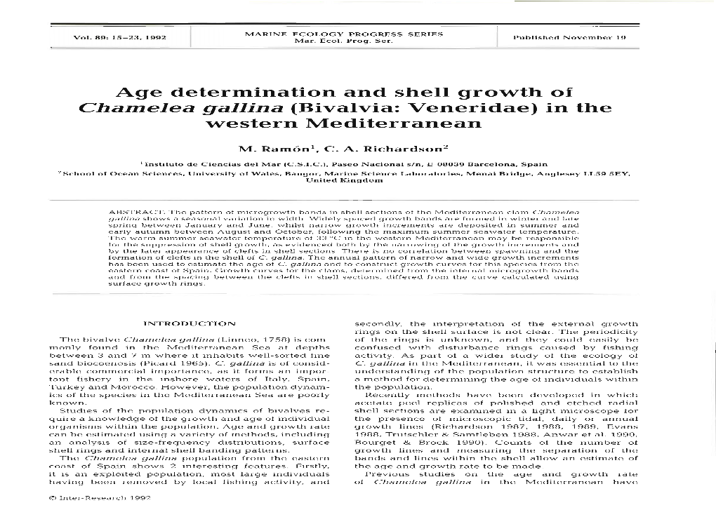 Age Determination and Shell Growth of Chamelea Gallina