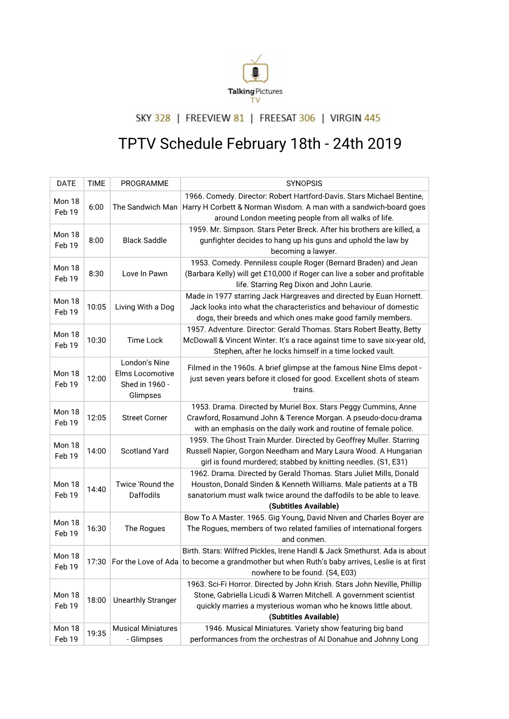 TPTV Schedule February 18Th - 24Th 2019
