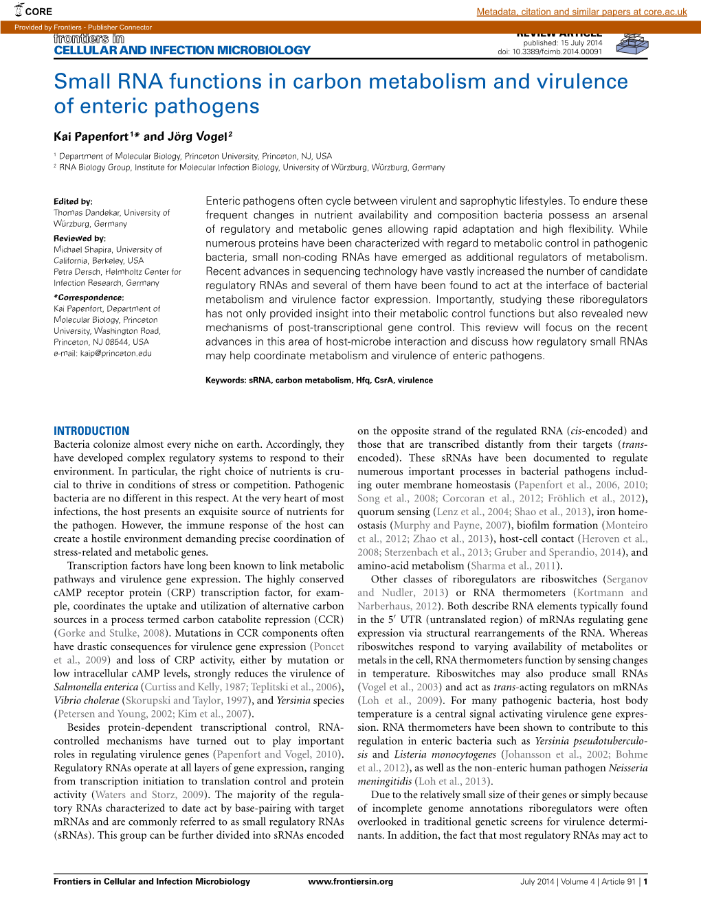 Small RNA Functions in Carbon Metabolism and Virulence of Enteric Pathogens