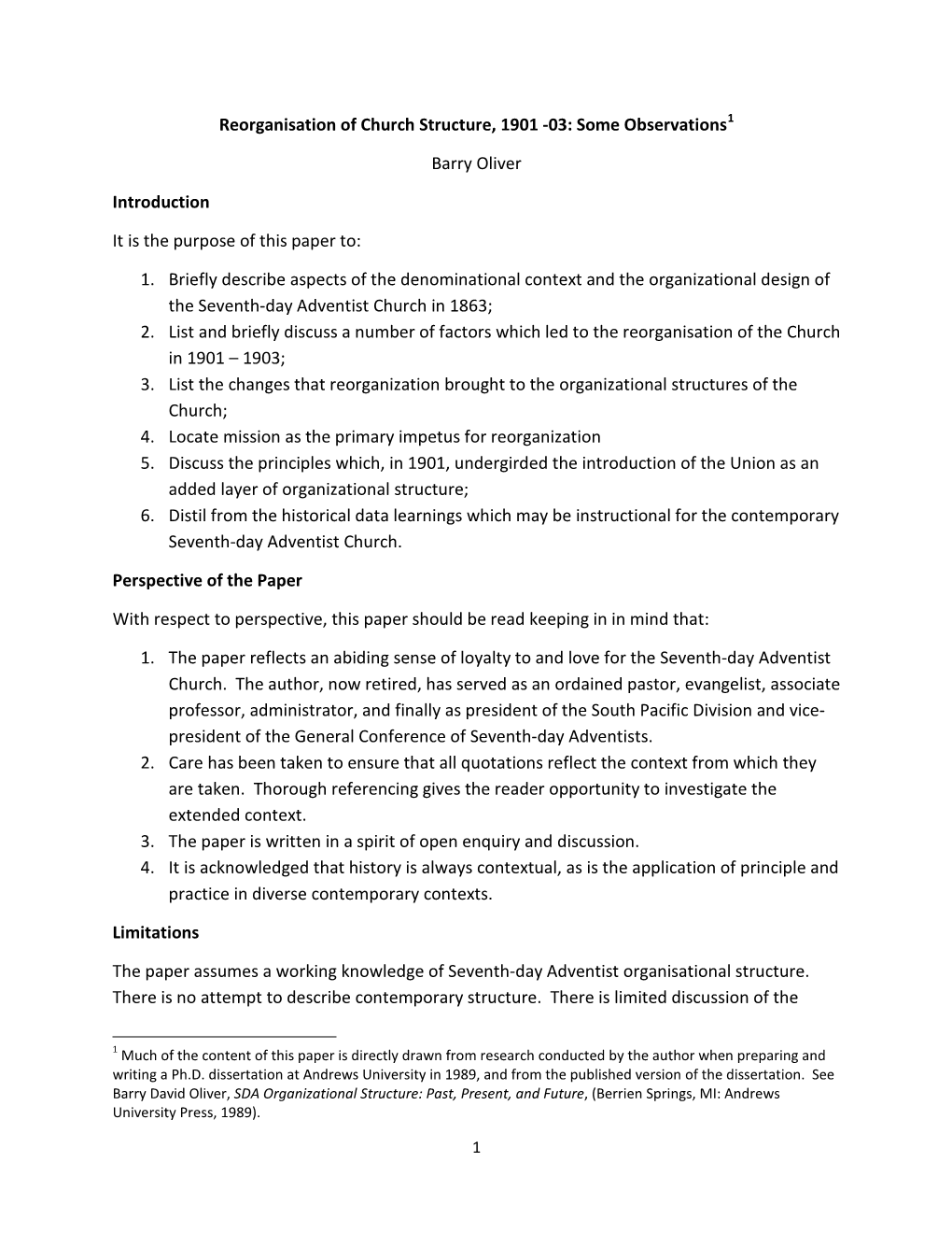 Reorganisation of Church Structure, 1901 -03: Some Observations1