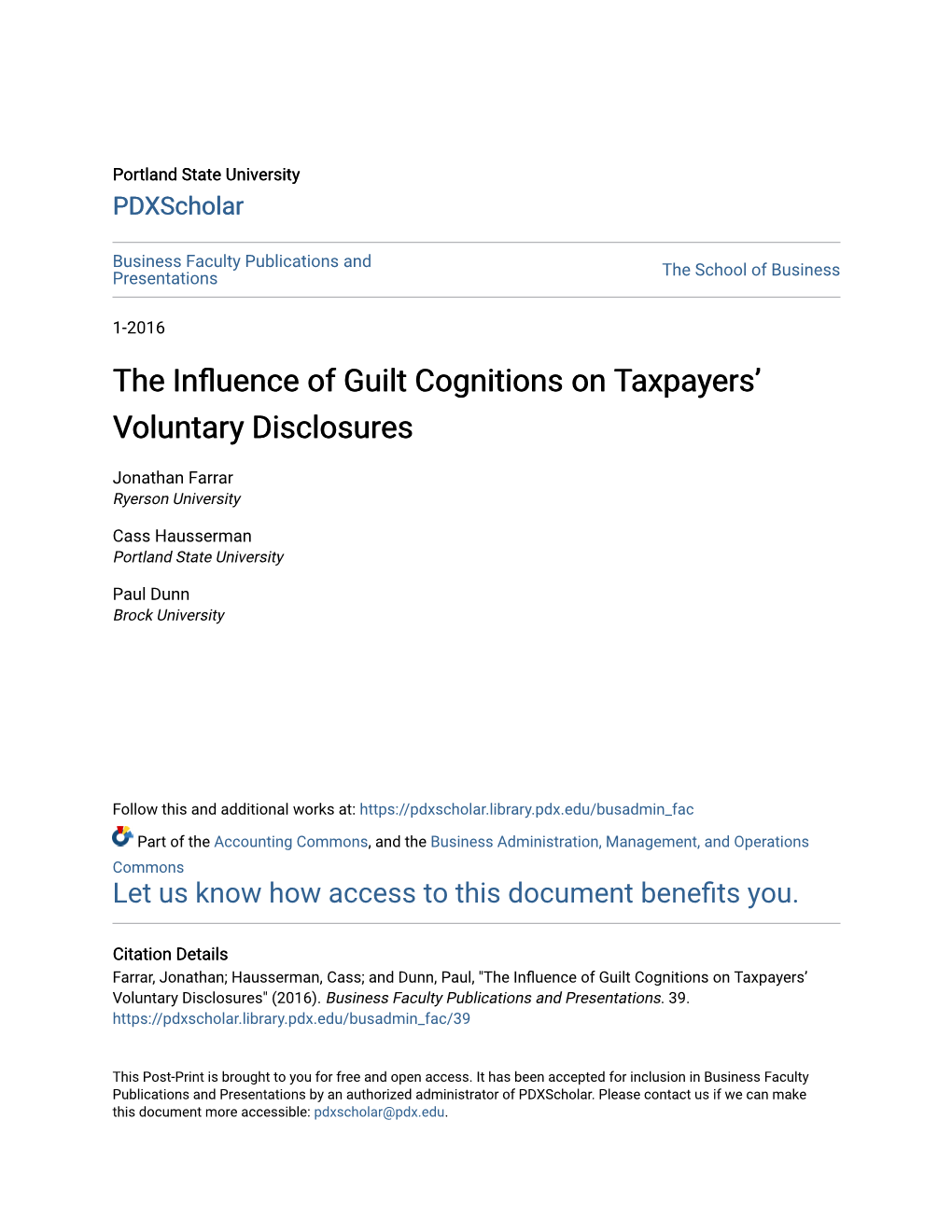 The Influence of Guilt Cognitions on Taxpayers' Voluntary Disclosures