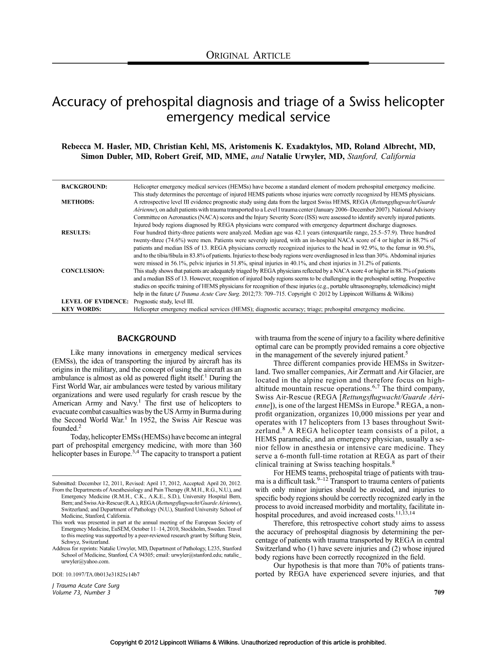 Accuracy of Prehospital Diagnosis and Triage of a Swiss Helicopter Emergency Medical Service