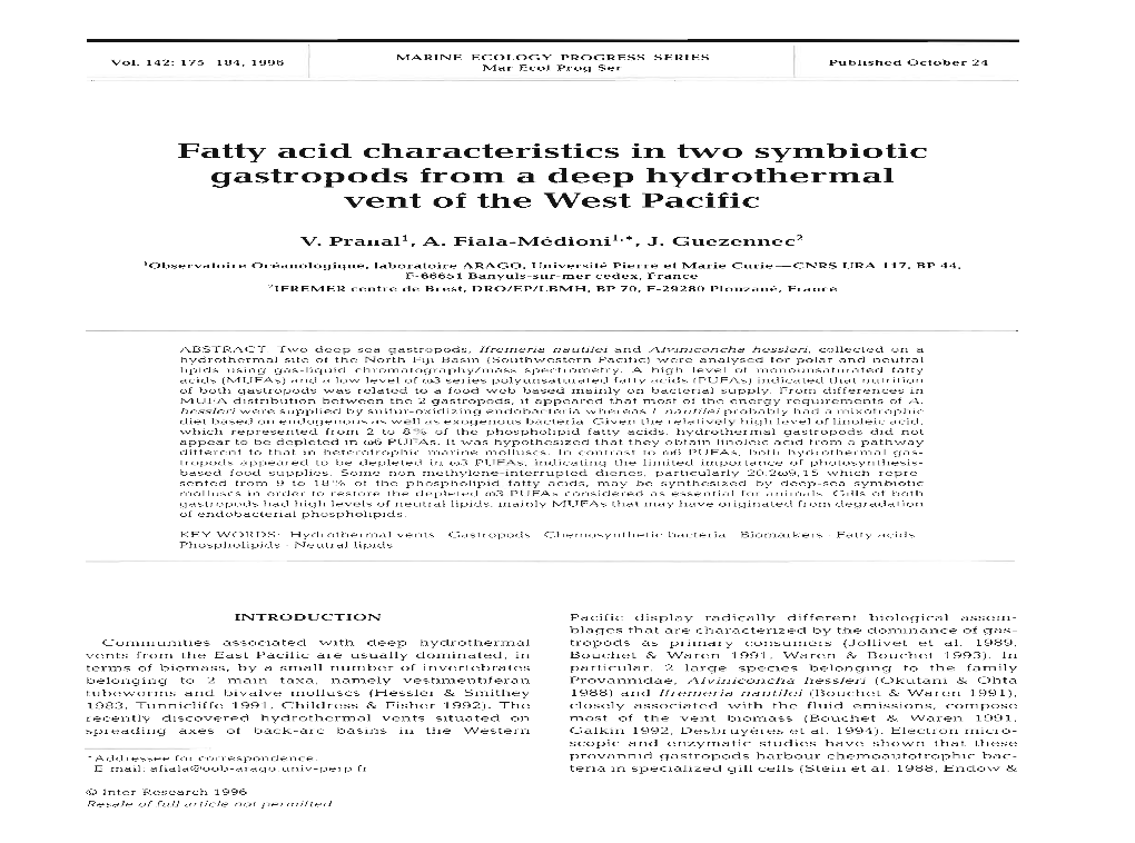 Fatty Acid Characteristics in Two Symbiotic Gastropods from a Deep Hydrothermal Vent of the West Pacific