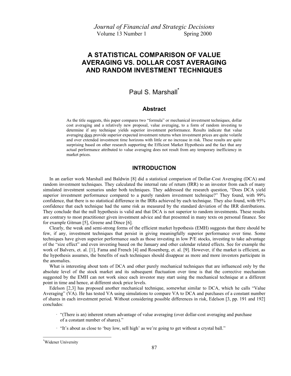 A Statistical Comparison of Value Averaging Vs. Dollar Cost Averaging and Random Investment Techniques