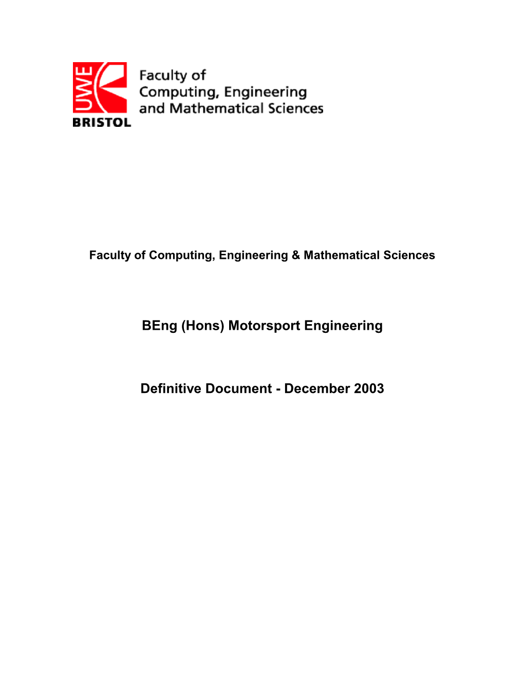 Beng (Hons) Motorsport Engineering Definitive Document