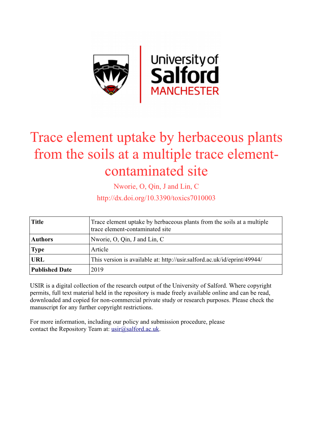 Trace Element Uptake by Herbaceous Plants from the Soils at a Multiple