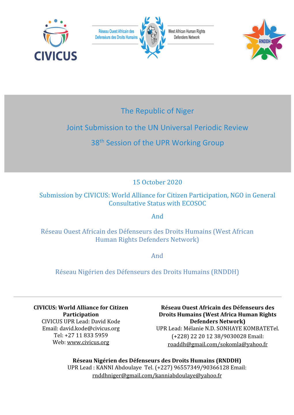 The Republic of Niger Joint Submission to the UN Universal Periodic Review 38Th Session of the UPR Working Group