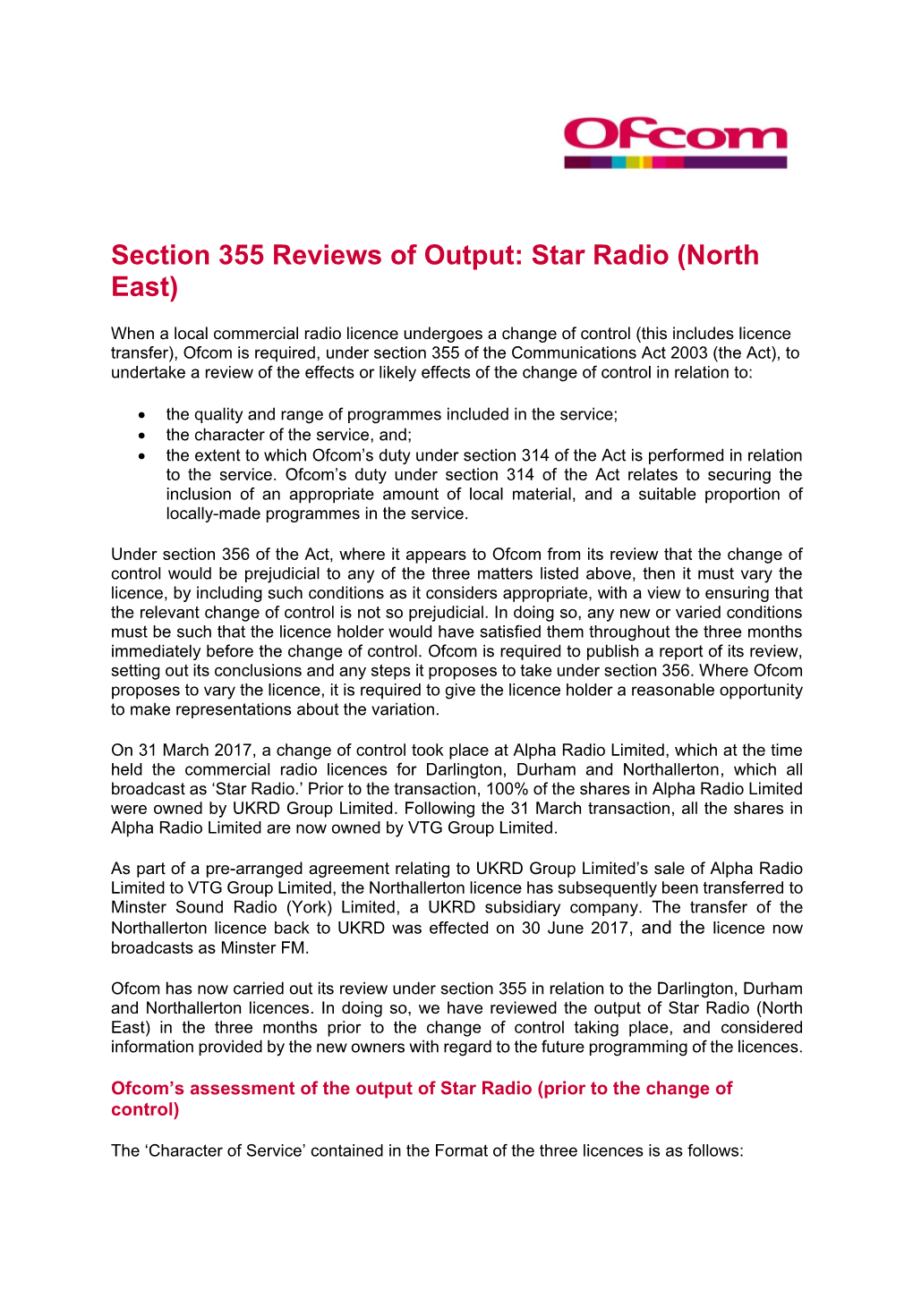 Section 335 Reviews of Output: Star Radio (North East)