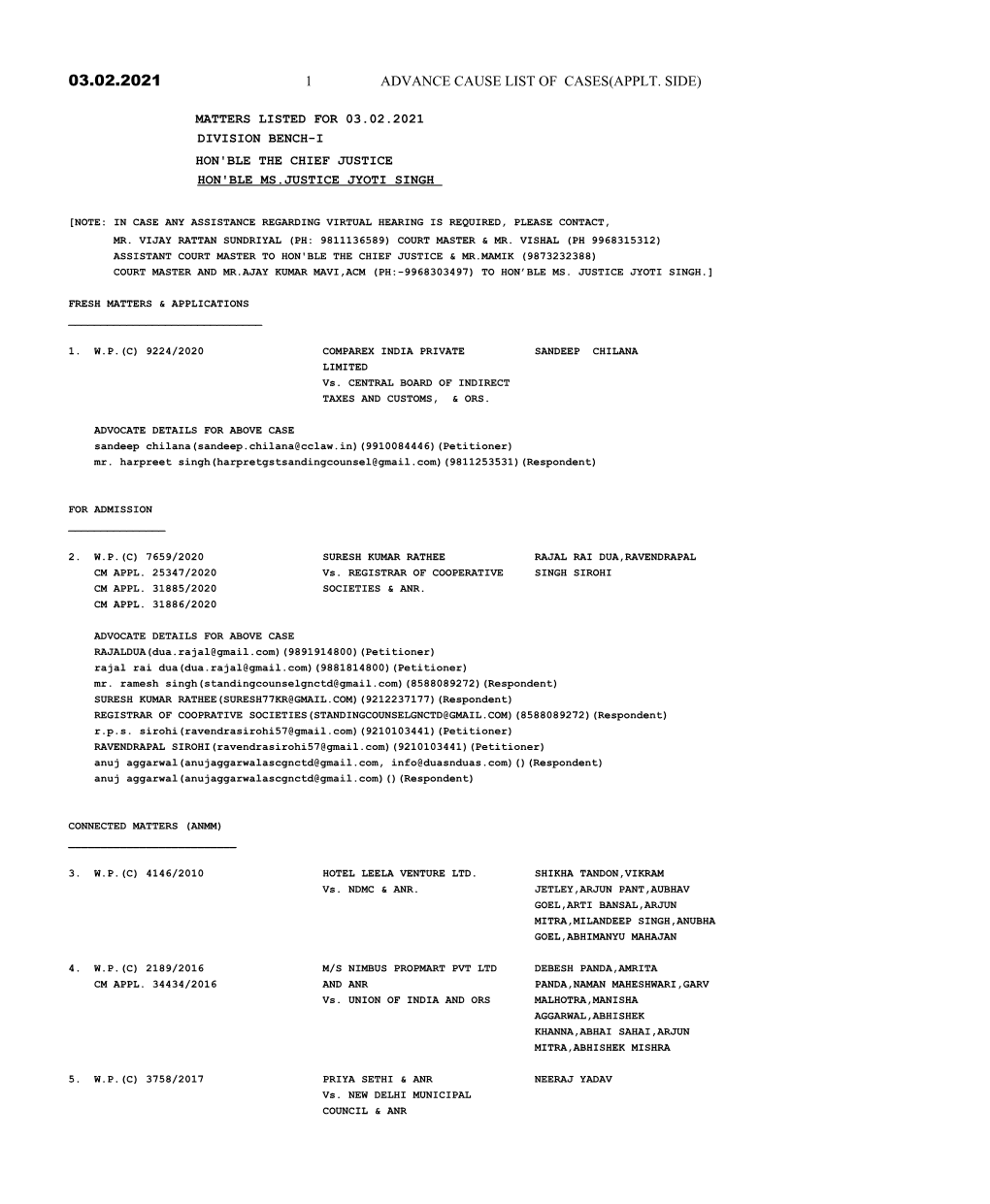 1 Advance Cause List of Cases(Applt. Side)