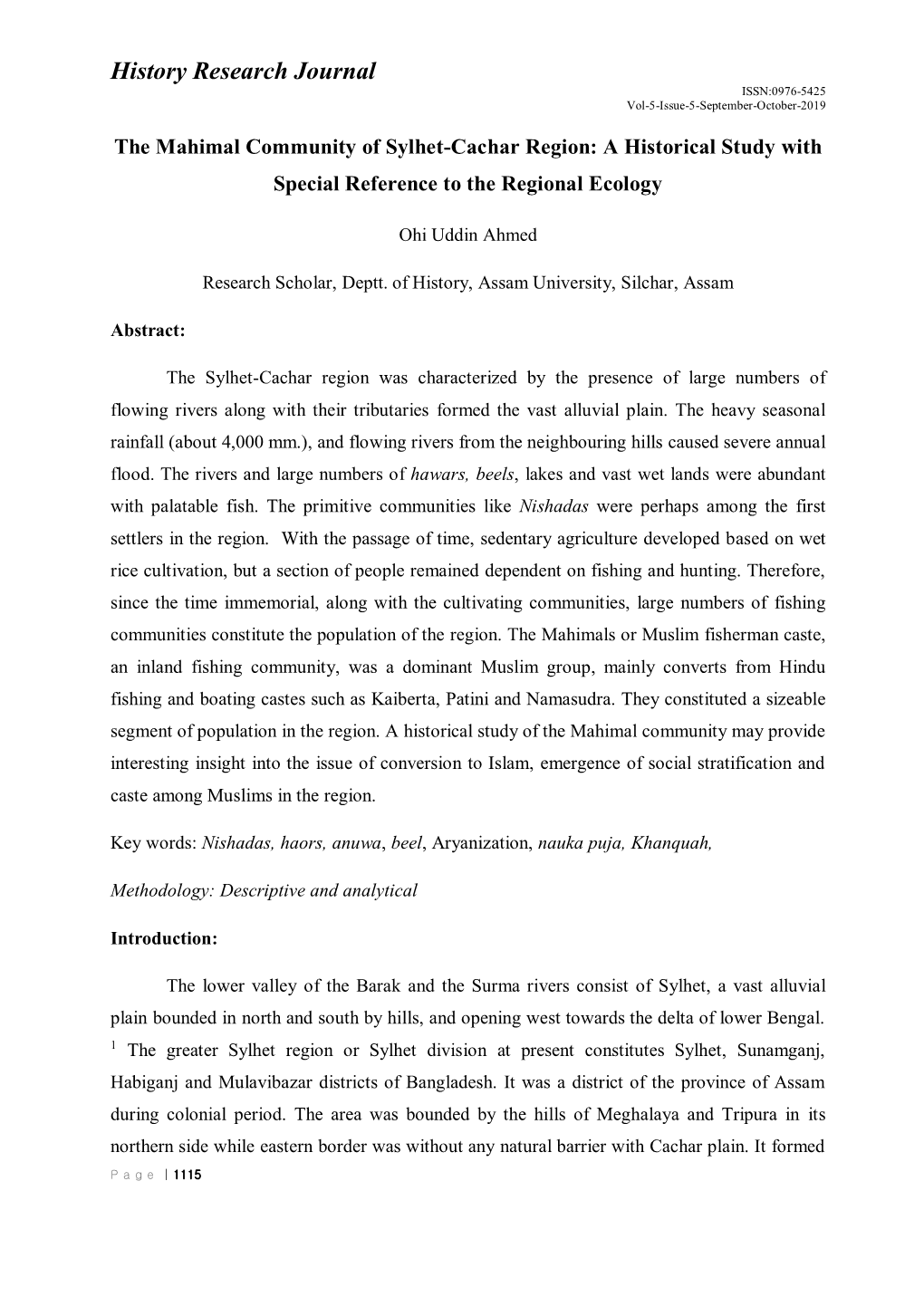 History Research Journal ISSN:0976-5425 Vol-5-Issue-5-September-October-2019