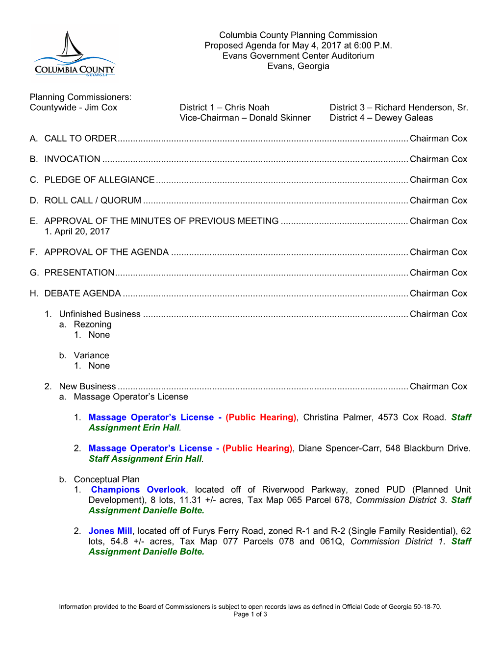 Columbia County Planning Commission Proposed Agenda for May 4, 2017 at 6:00 P.M