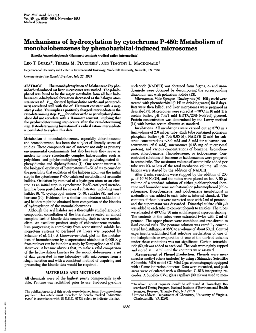 Mechanisms of Hydroxylation by Cytochrome P-450: Metabolism Of