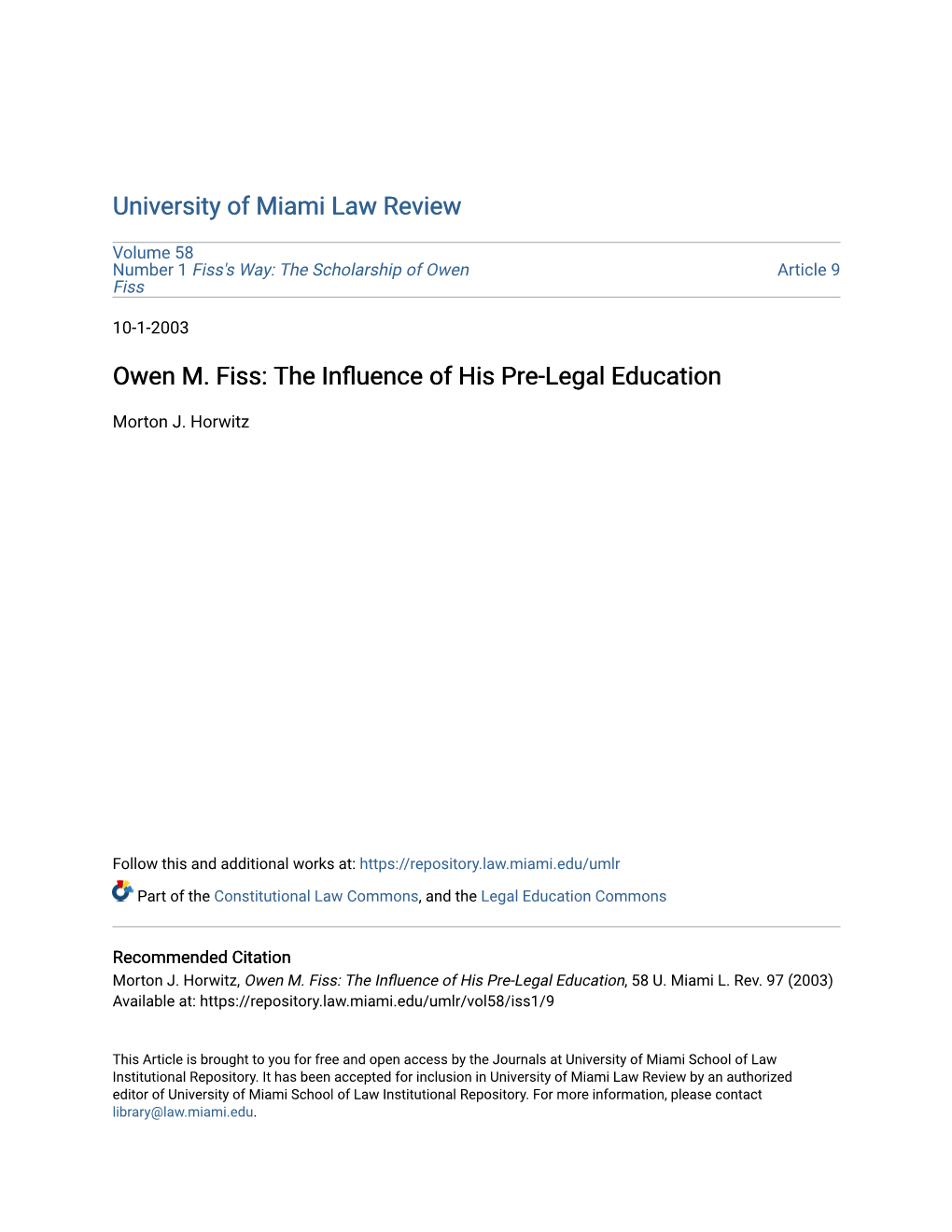 Owen M. Fiss: the Influence of His Pre-Legal Education