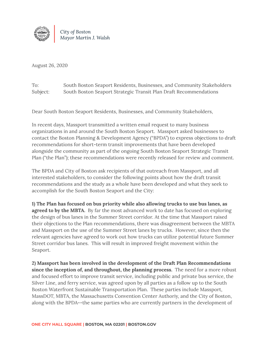 An Open Letter Regarding the South Boston Seaport Strategic Transit Plan