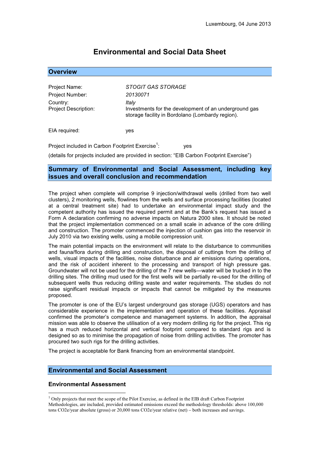 Environmental and Social Data Sheet