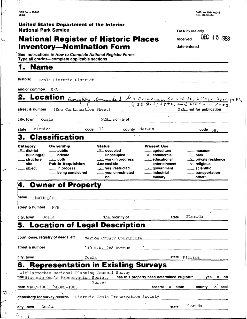 ' 5 '983 Inventory — Nomination Form Date Entered See Instructions in How to Complete National Register Forms Type All Entries — Complete Applicable Sections 1