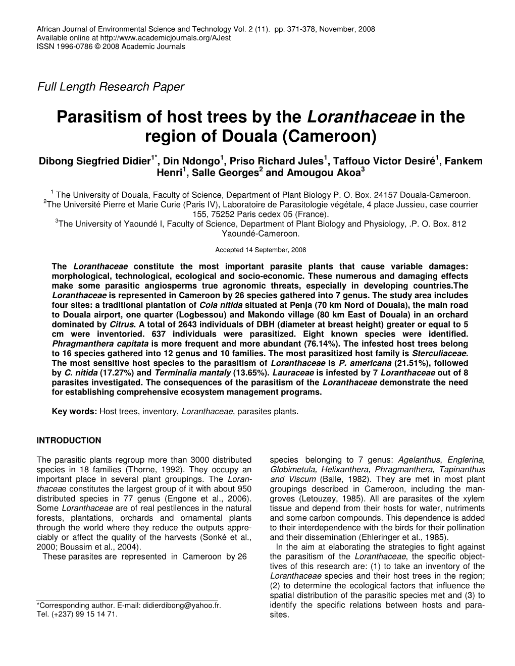 Parasitism of Host Trees by the Loranthaceae in the Region of Douala (Cameroon)