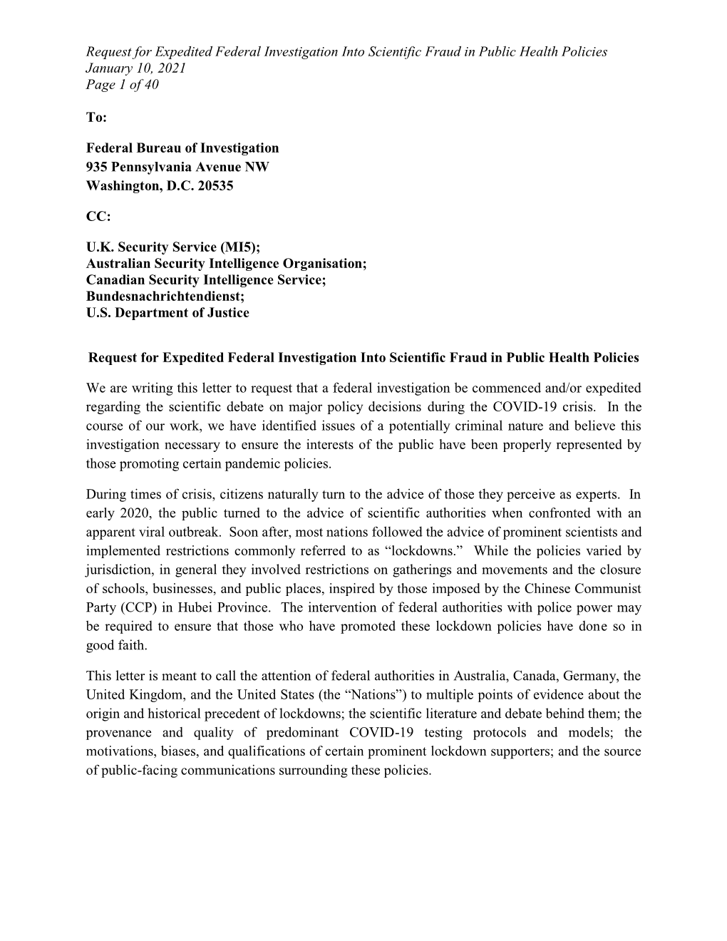 Request for Expedited Federal Investigation Into Scientific Fraud in Public Health Policies January 10, 2021 Page 1 of 40