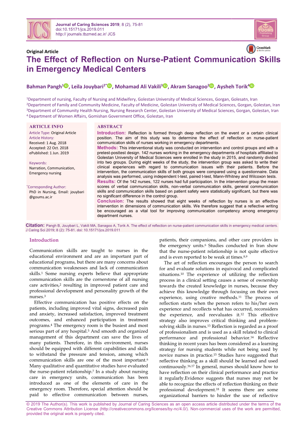 The Effect of Reflection on Nurse-Patient Communication Skills in Emergency Medical Centers
