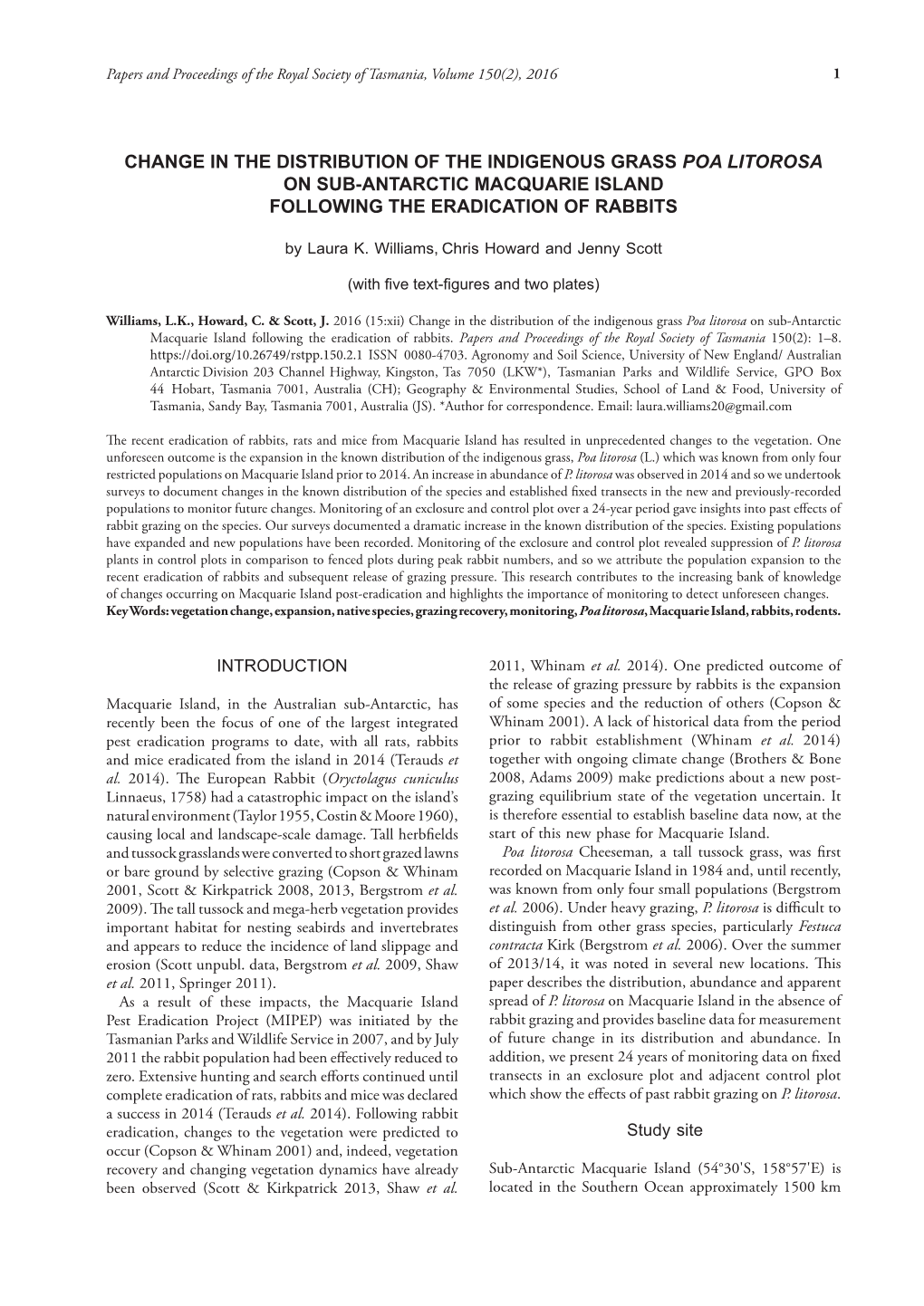 Change in the Distribution of the Indigenous Grass Poa Litorosa on Sub-Antarctic Macquarie Island Following the Eradication of Rabbits