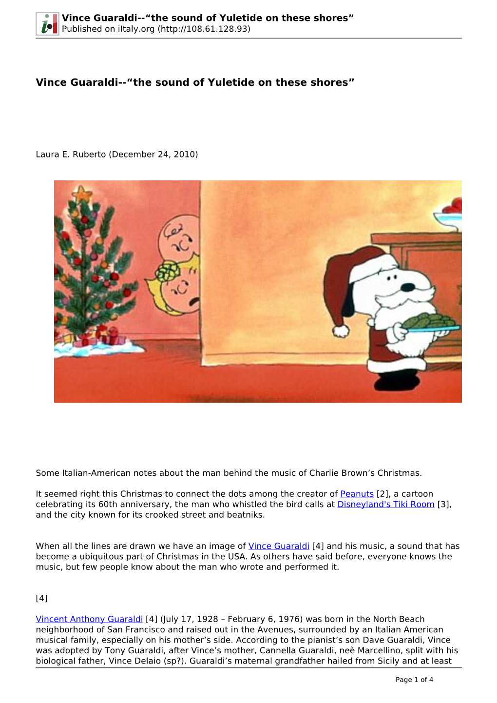 Vince Guaraldi--“The Sound of Yuletide on These Shores” Published on Iitaly.Org (