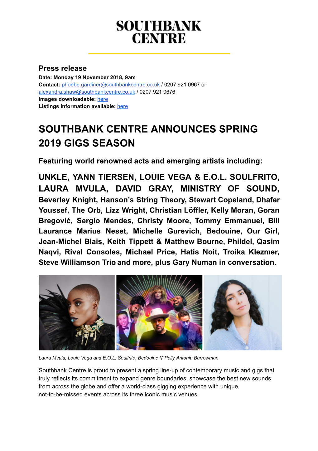 Southbank Centre Announces Spring 2019 Gigs Season