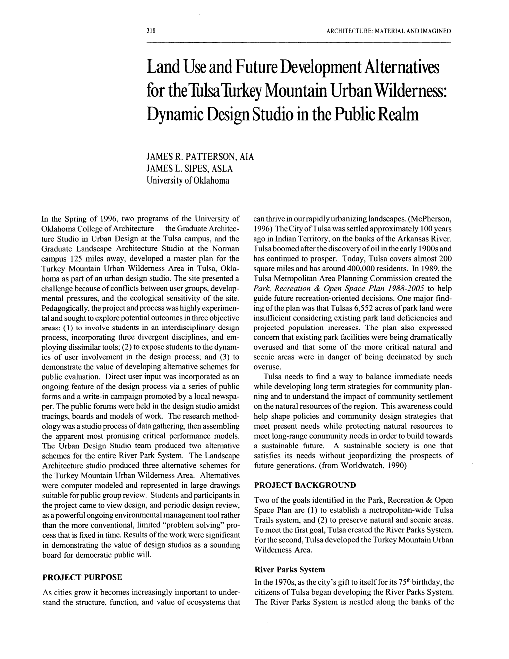 Land Use and Future Development A1 Ternatives for the Tulsaturkey Mountain Urban Wilderness: Dynamic Design Studio in the Public Realm