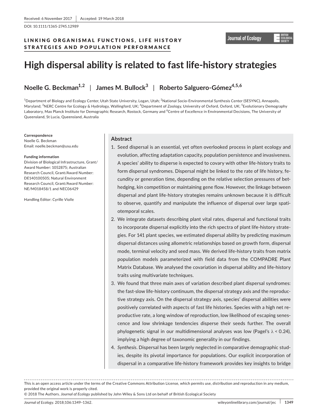 High Dispersal Ability Is Related to Fast Life‐History Strategies