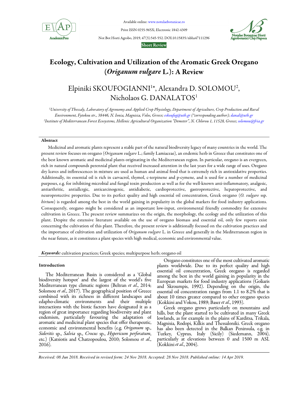 Ecology, Cultivation and Utilization of the Aromatic Greek Oregano (Origanum Vulgare L.): a Review