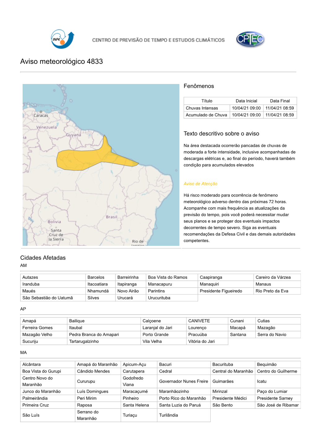 Aviso Meteorológico 4833