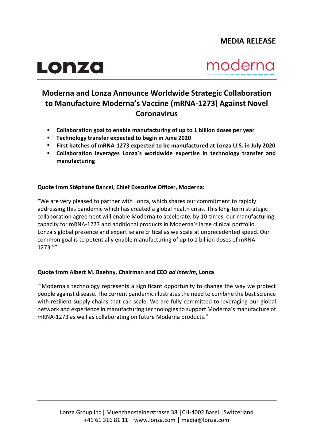 MEDIA RELEASE Moderna and Lonza Announce Worldwide