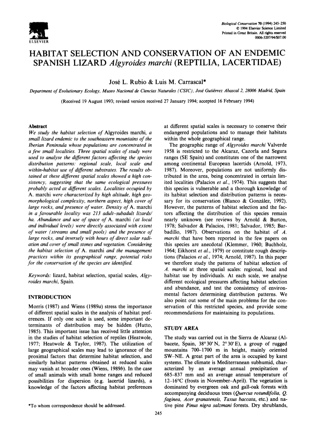 HABITAT SELECTION and CONSERVATION of an ENDEMIC SPANISH LIZARD Algyroides Marchi (REPTILIA, LACERTIDAE)