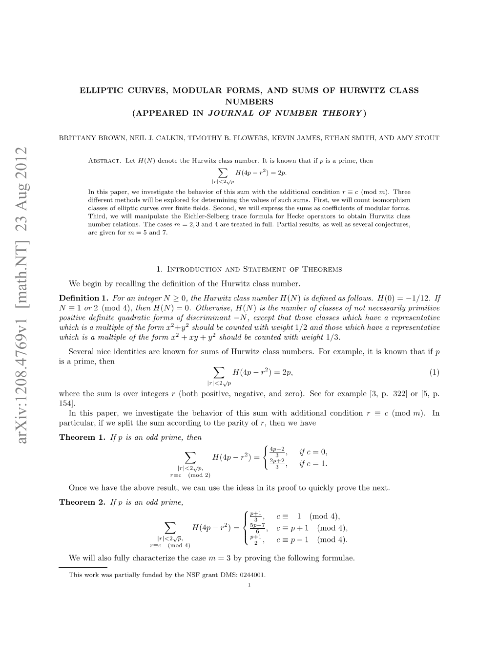 Elliptic Curves, Modular Forms, and Sums of Hurwitz Class Numbers