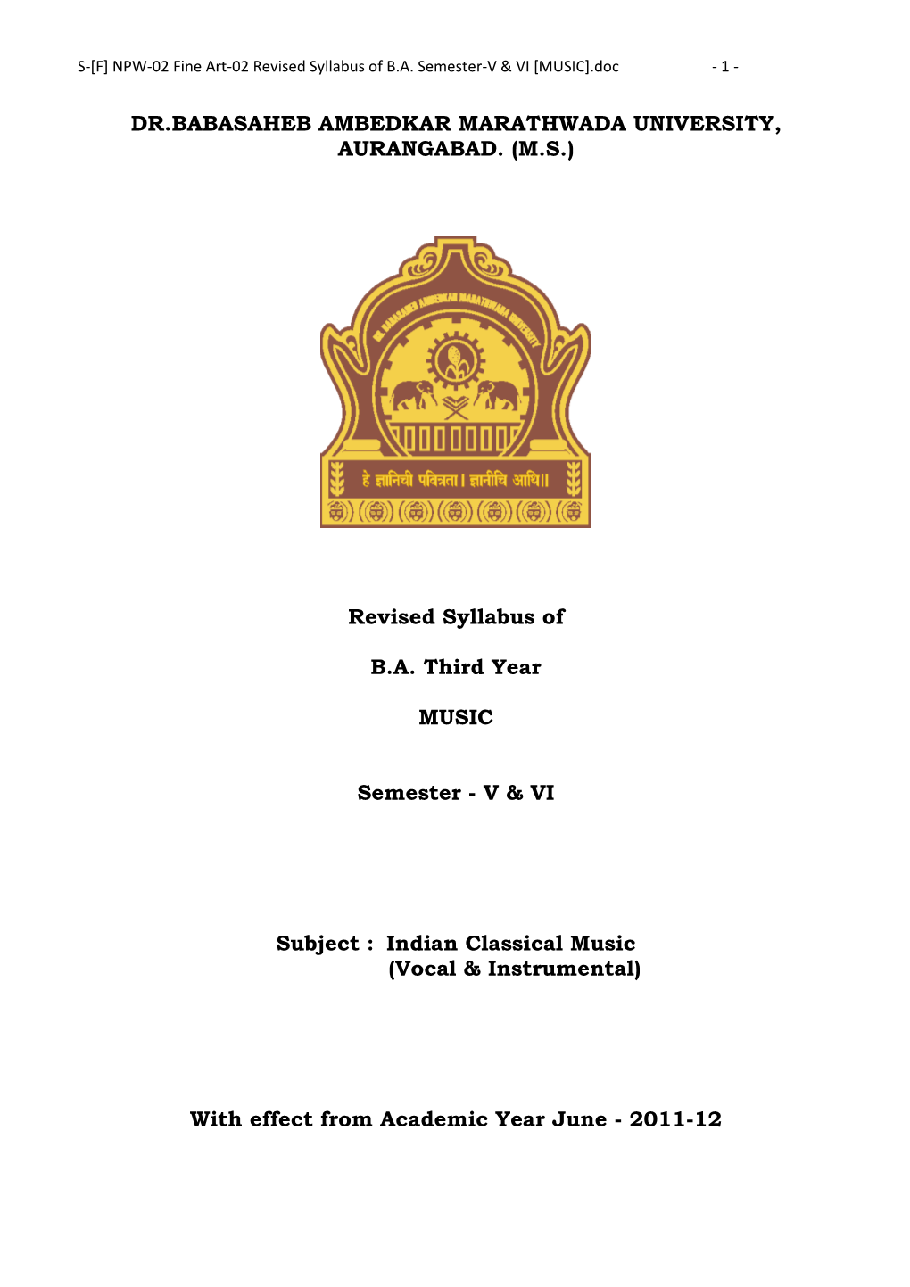 (MS) Revised Syllabus of BA Third Year MUSIC Semester