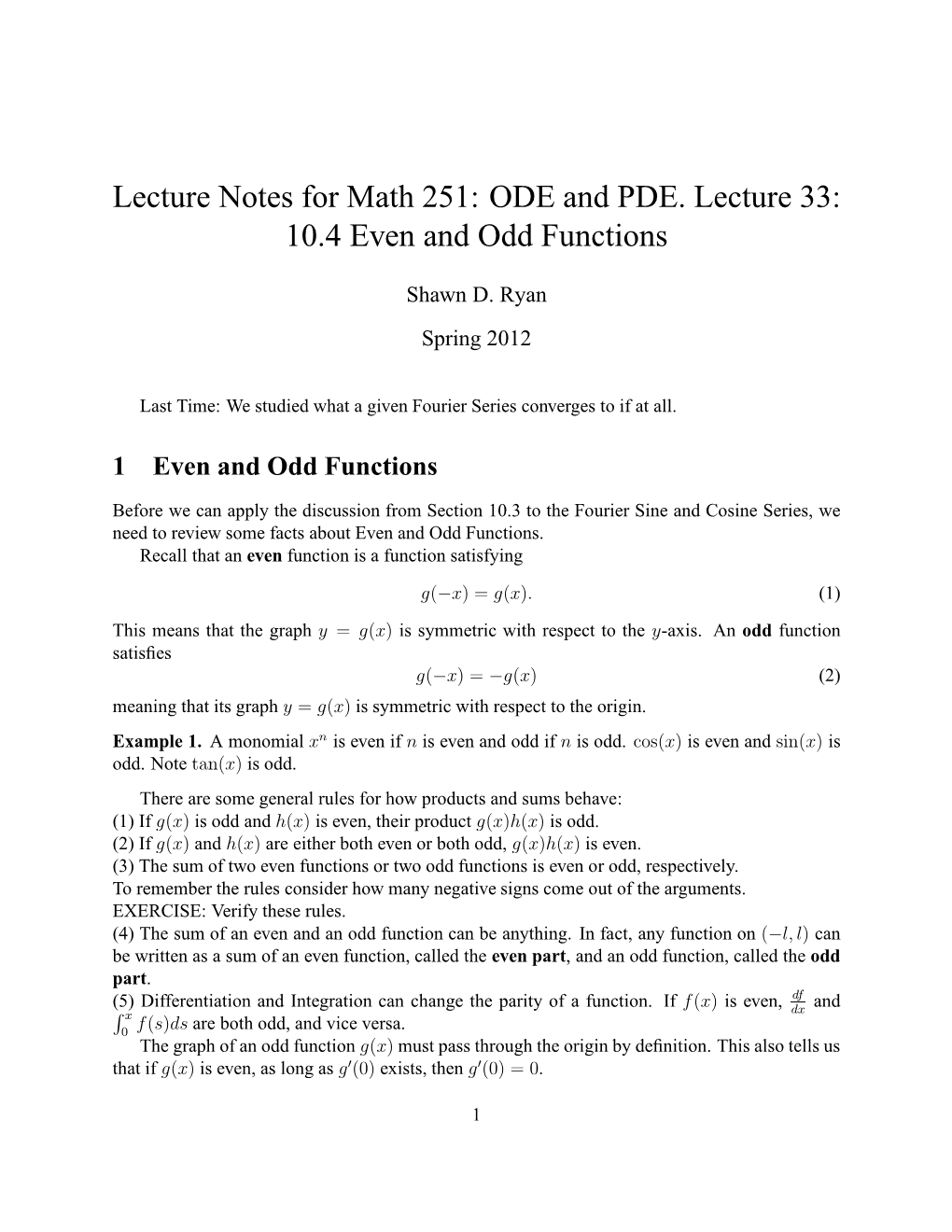 ODE and PDE. Lecture 33: 10.4 Even and Odd Functions