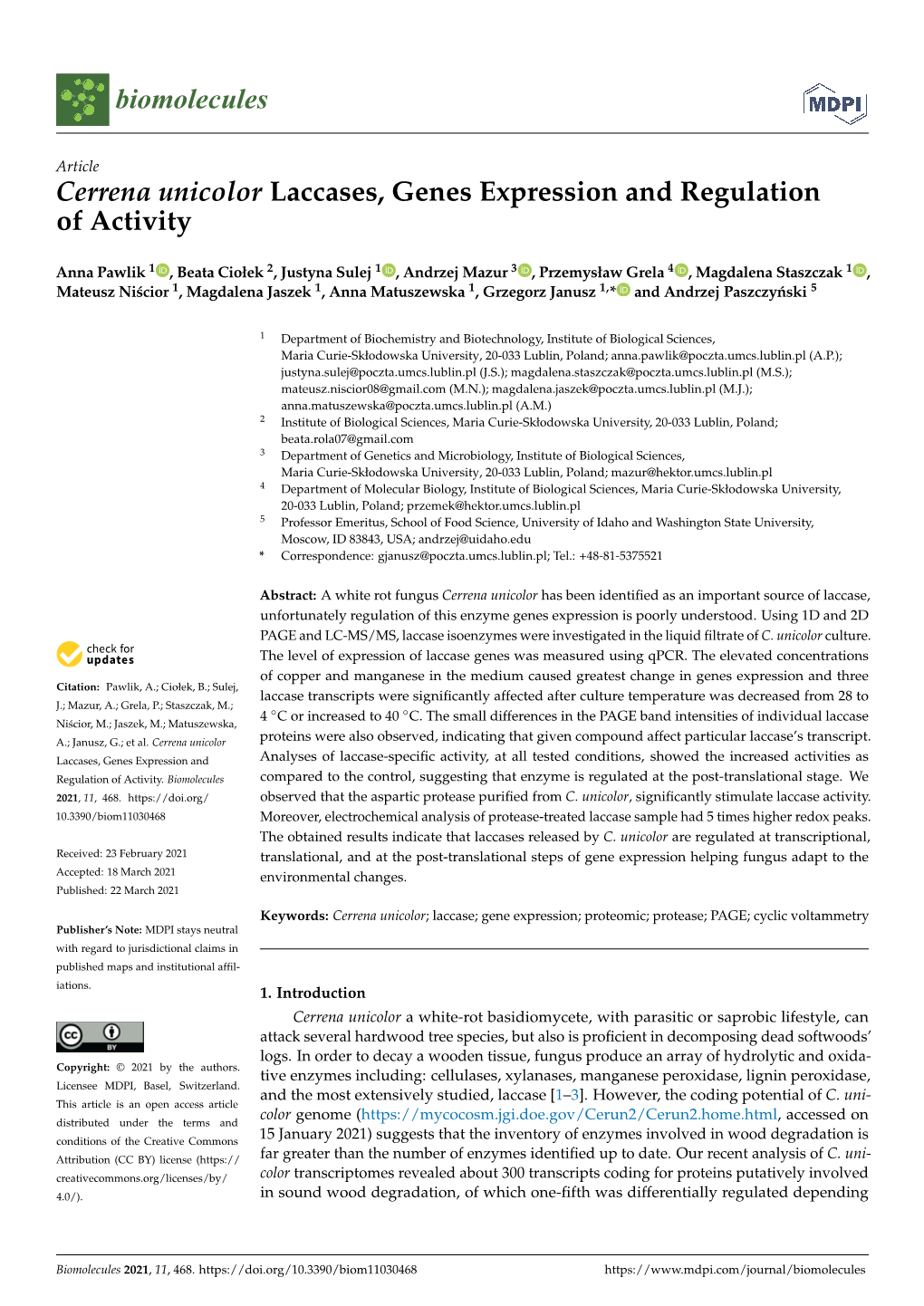 Cerrena Unicolor Laccases, Genes Expression and Regulation of Activity