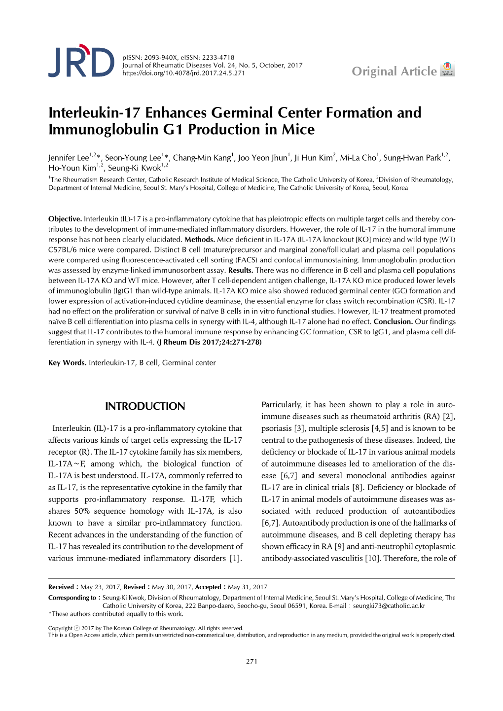 Interleukin-17 Enhances Germinal Center Formation and Immunoglobulin G1 Production in Mice