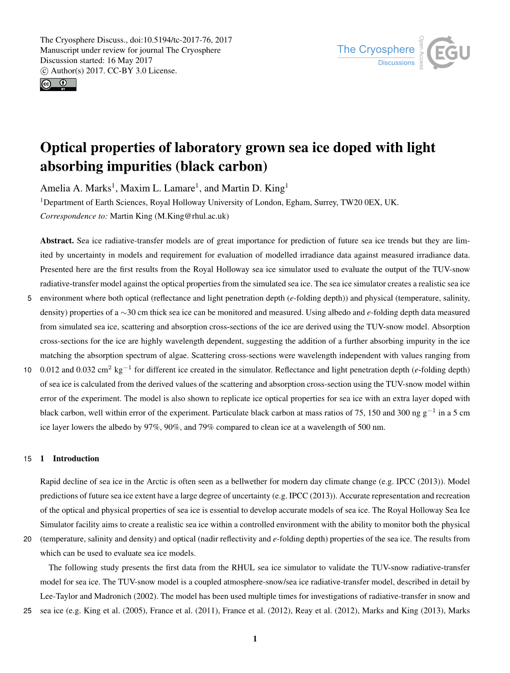 Optical Properties of Laboratory Grown Sea Ice Doped with Light Absorbing Impurities (Black Carbon) Amelia A