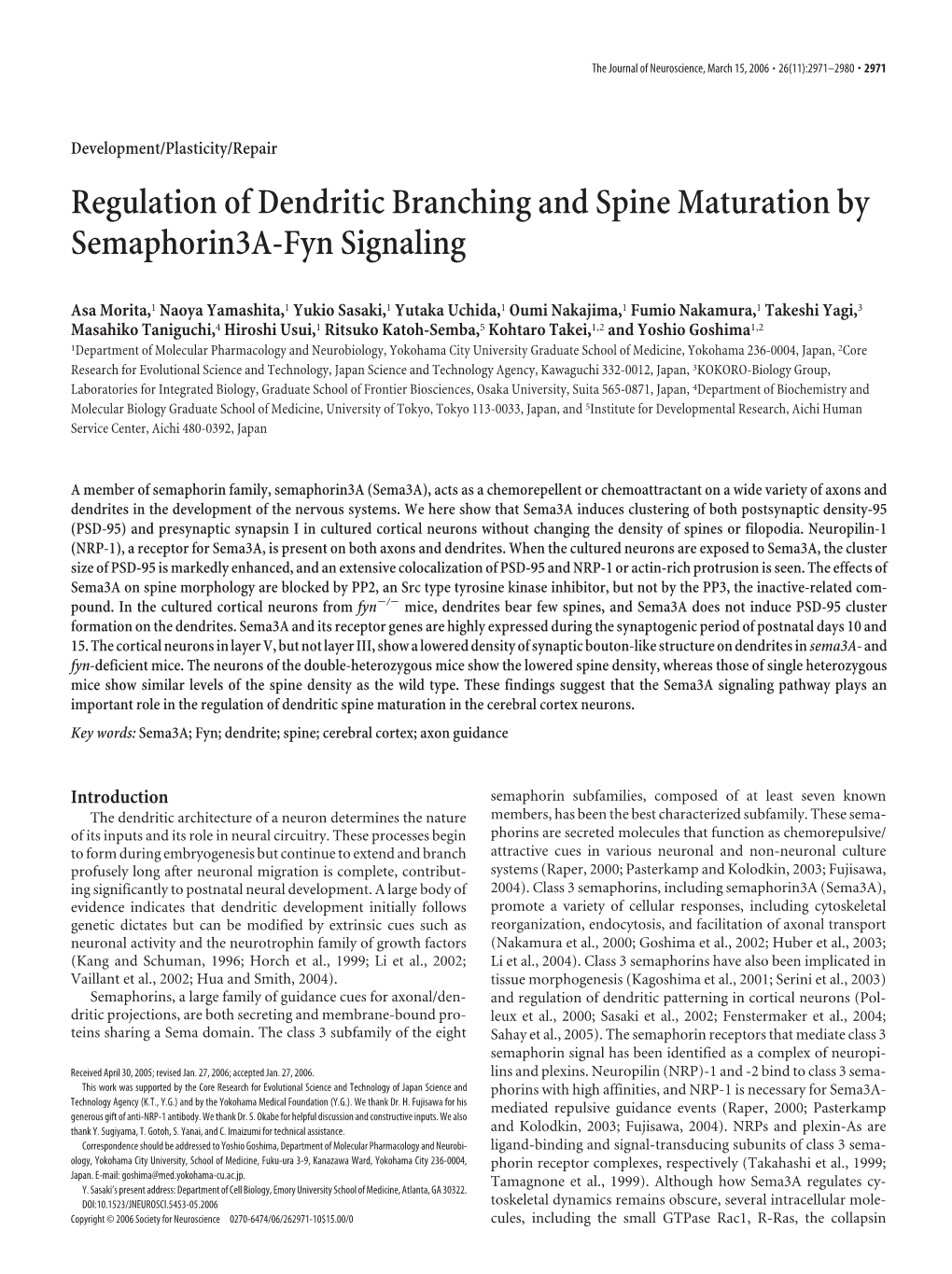 Regulation of Dendritic Branching and Spine Maturation by Semaphorin3a-Fyn Signaling