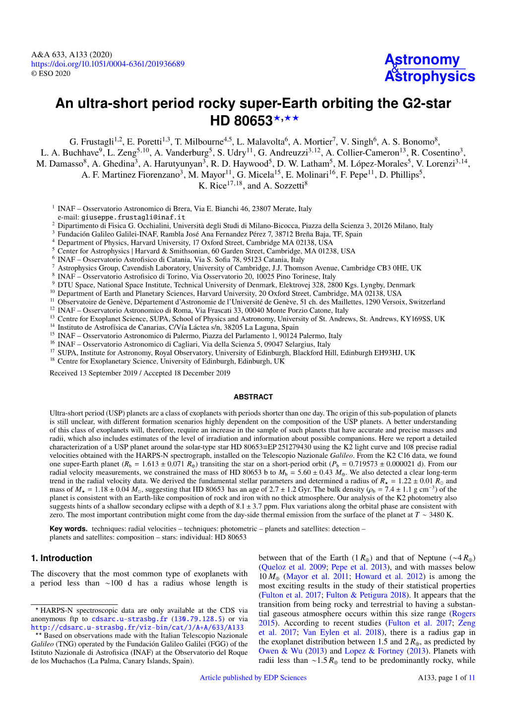 An Ultra-Short Period Rocky Super-Earth Orbiting the G2-Star HD 80653?,?? G