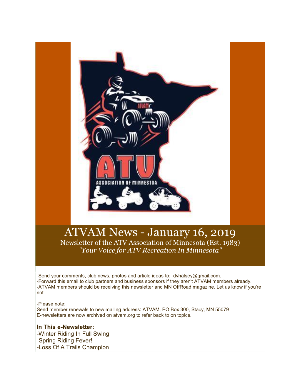 ATVAM News - January 16, 2019 Newsletter of the ATV Association of Minnesota (Est