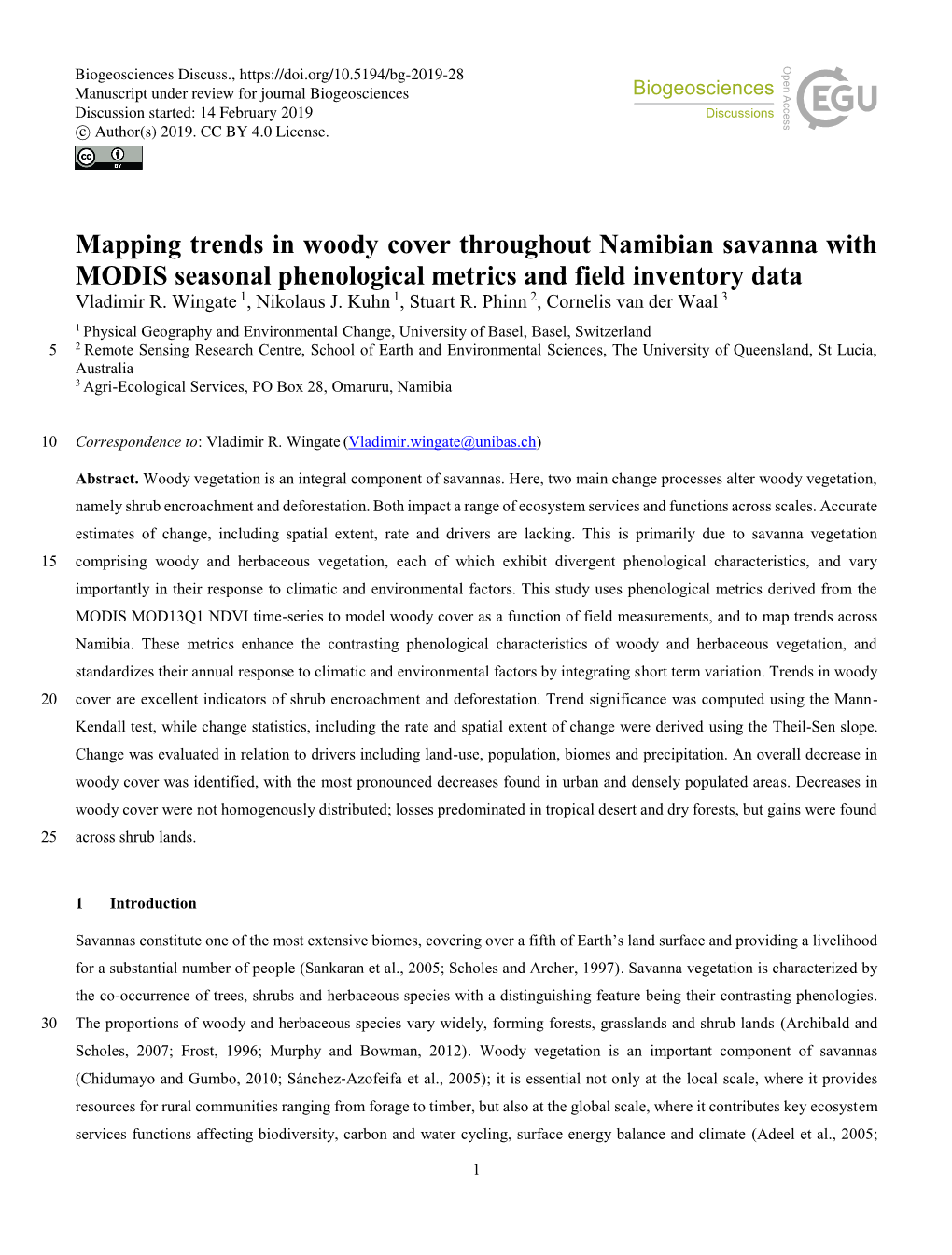 Mapping Trends in Woody Cover Throughout Namibian Savanna with MODIS Seasonal Phenological Metrics and Field Inventory Data Vladimir R