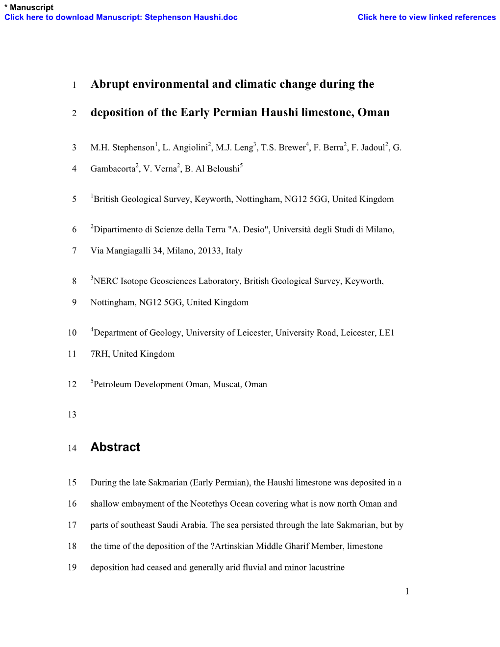 Abrupt Environmental and Climatic Change During the Deposition of the Early Permian Haushi Limestone, Oman Abstract