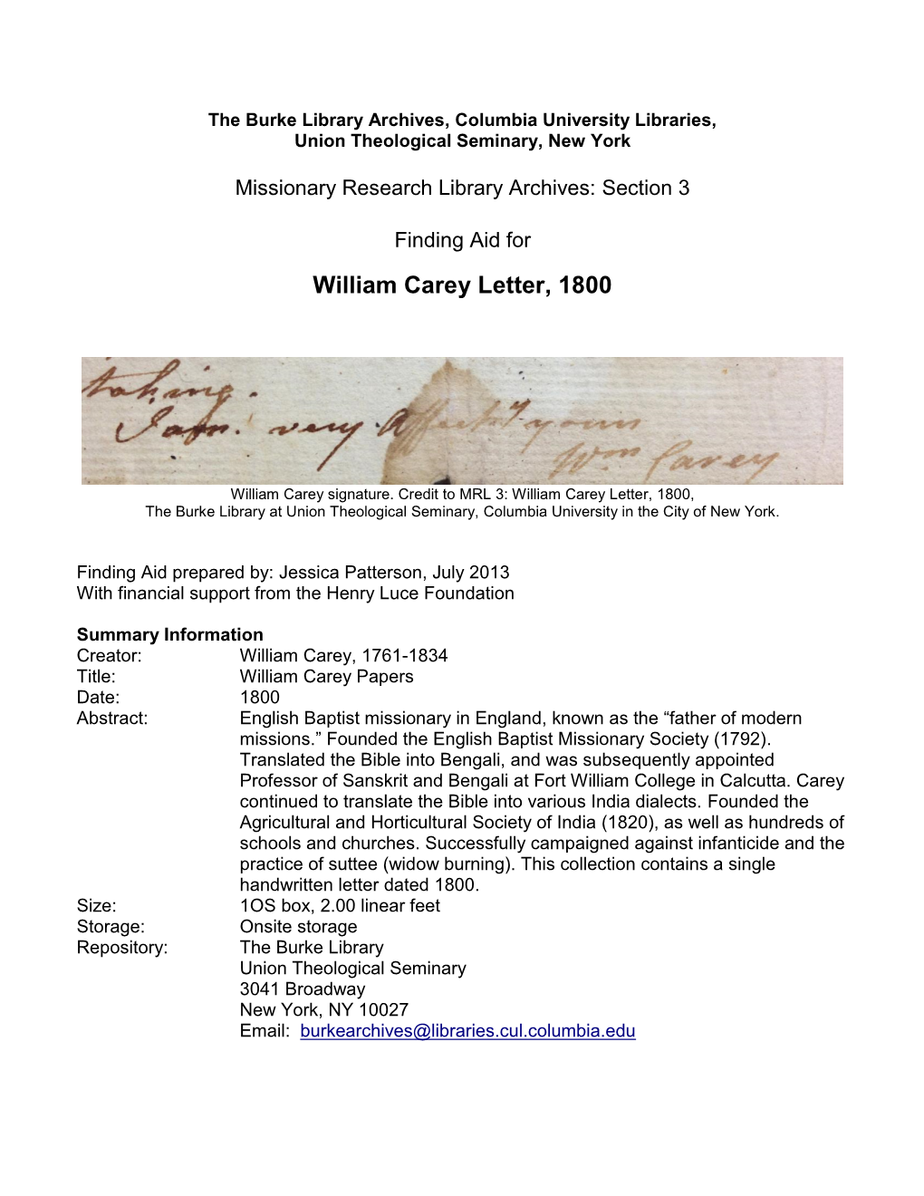 MRL 3: William Carey Letter, 1800, the Burke Library at Union Theological Seminary, Columbia University in the City of New York