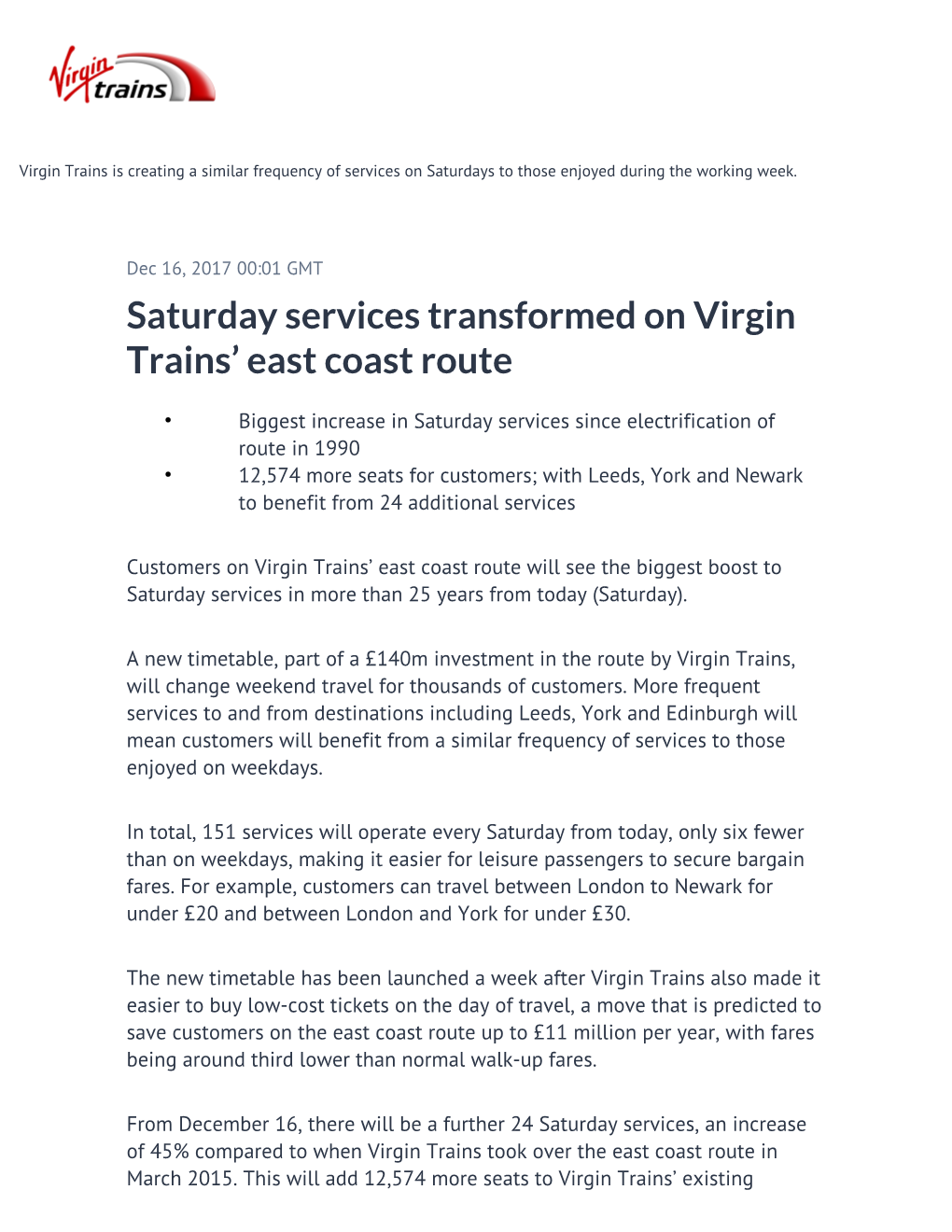 Saturday Services Transformed on Virgin Trains' East Coast Route