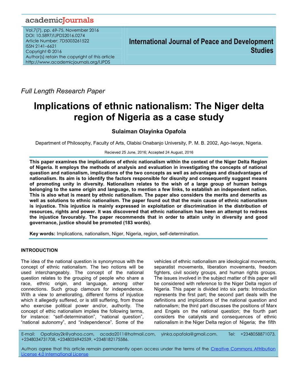 Implications of Ethnic Nationalism: the Niger Delta Region of Nigeria As a Case Study