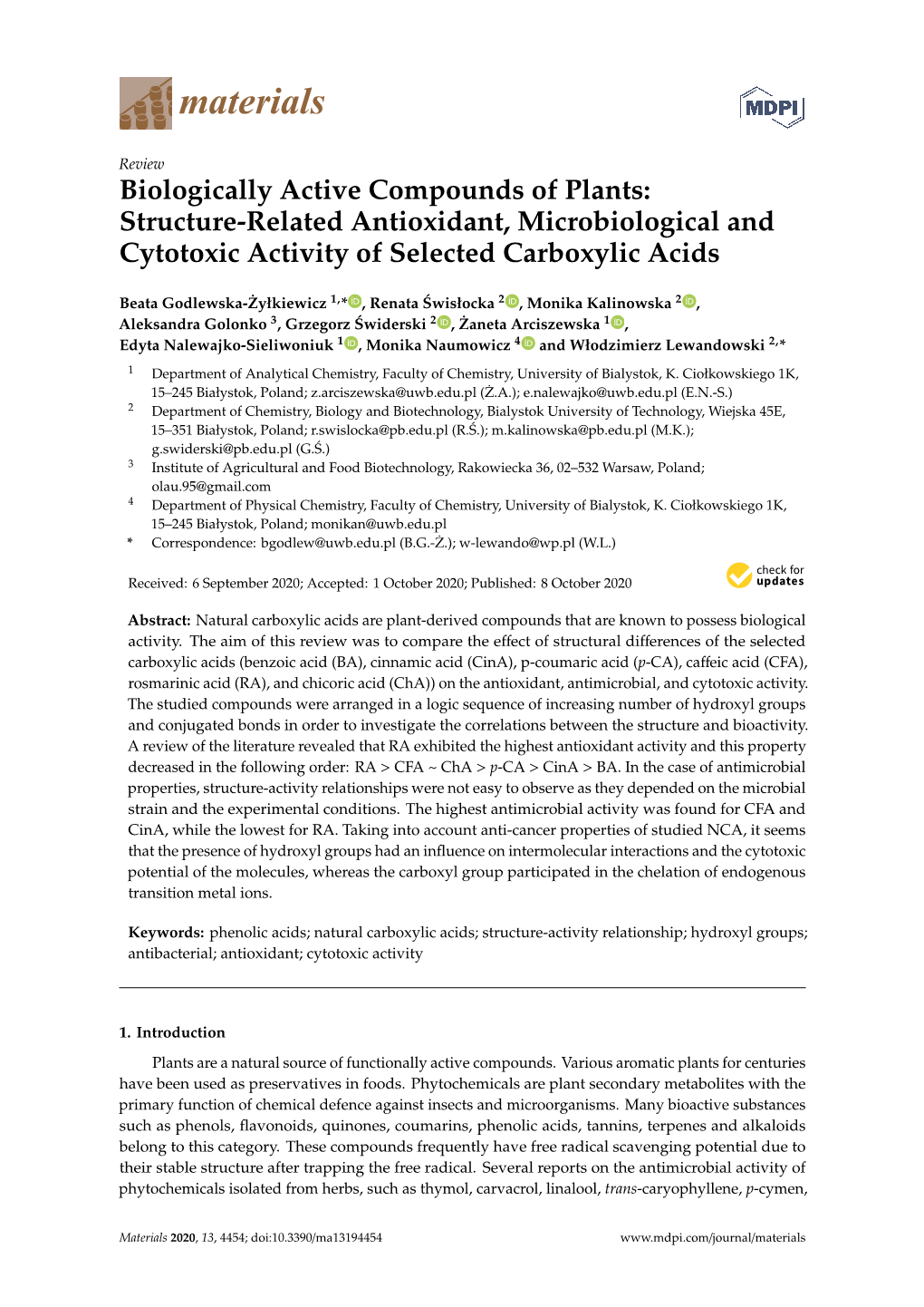 Biologically Active Compounds of Plants: Structure-Related Antioxidant, Microbiological and Cytotoxic Activity of Selected Carboxylic Acids