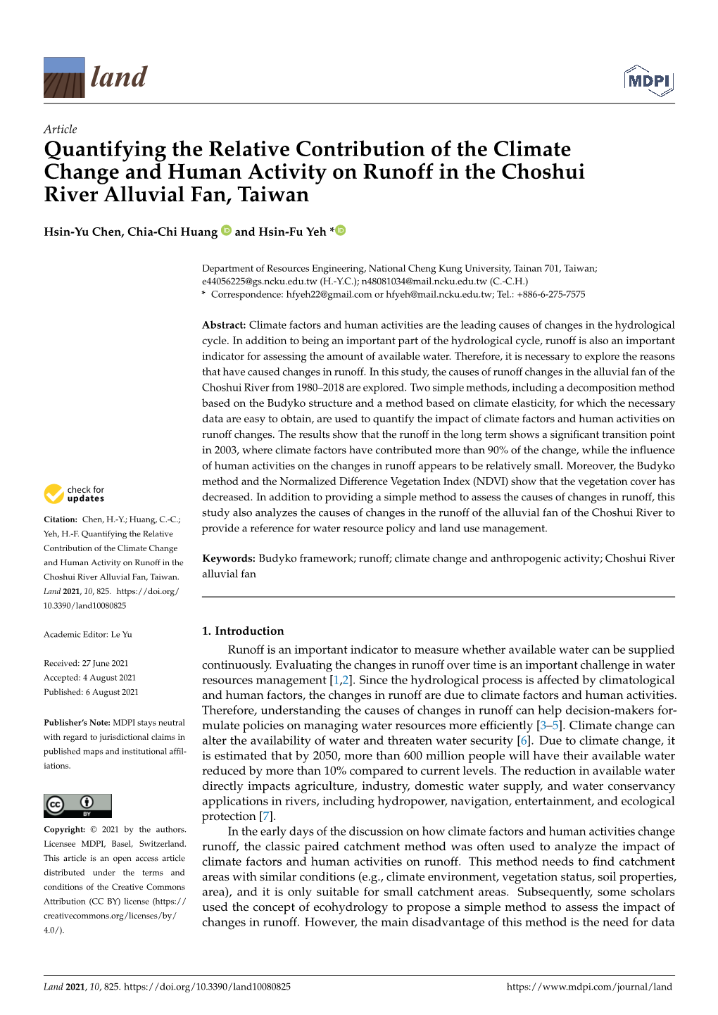 Quantifying the Relative Contribution of the Climate Change and Human Activity on Runoff in the Choshui River Alluvial Fan, Taiwan